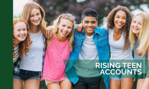 Group of teens smiling at camera with text :Rising Teen Accounts