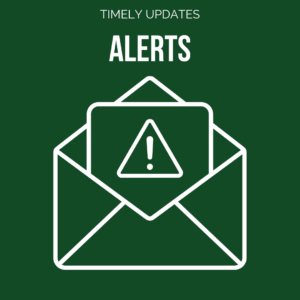 Graphic of an envelope with a caution symbol on it with text reading Alerts with the subtitle Timely Updates on it, linking to the Alerts Page