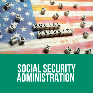 American Flag with letter blocks on it that read Social Security, with a banner on the bottom reading Social Security Administration, and linking to the SSA website