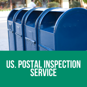 blue USPS mailboxes with banner reading US Postal INspection Service, and linking to the USPIS website