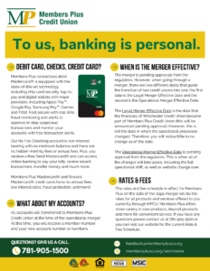 Second page of the MPCU text for the Winchester merger describing accounts, merger effective process, rates and fees, and debit and credit card. (PDF on Page)