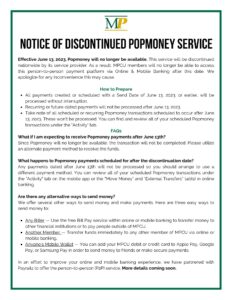 the Notice of Discontinued Pop-Money Service, ending June 13, 2023.