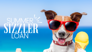 Summer Sizzler Loan Ad - dog in sunglasses holding ice cream and smiling at camera with summer sizzler loan text